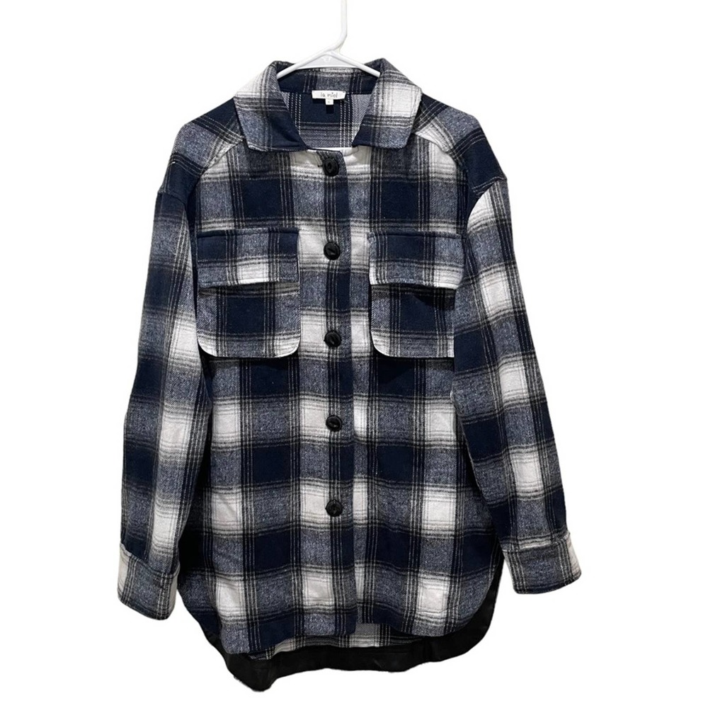 La Miel Plaid Flannel Oversized Shirt Jacket Navy Blue & White Size Small